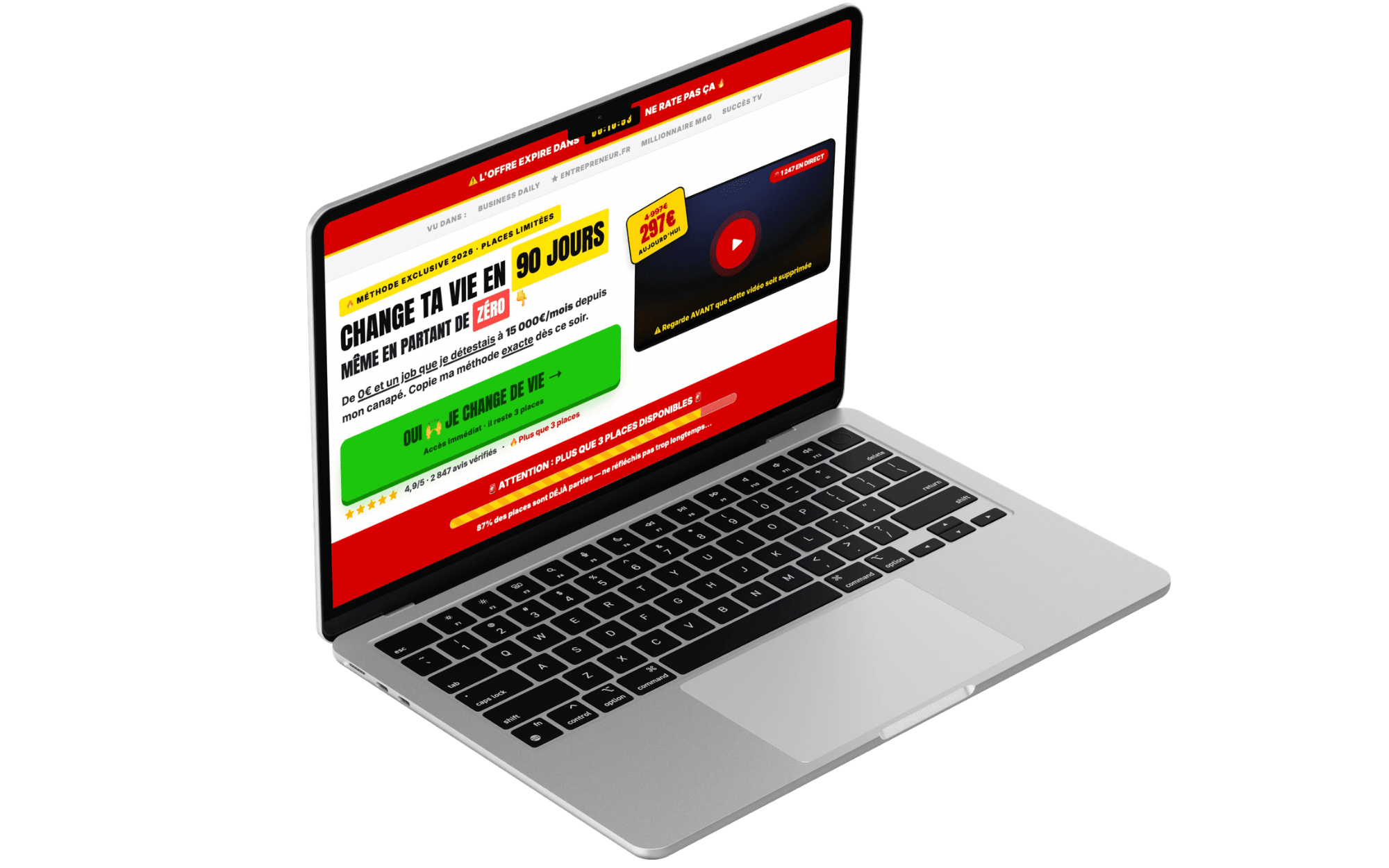 Exemple de page de vente agressive annotée : compte à rebours rouge, prix barré et mention « plus que 3 places »